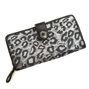 Coach Ocelot leopard print wallet zip bifold in black gray and silver.